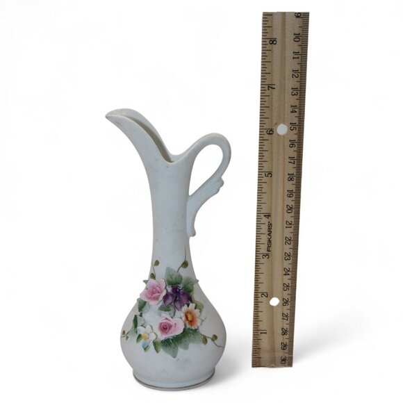 Lefton China Hand Painted Porcelain Pitcher Vase W/ Floral Details 7" Tall Japan - Picture 7 of 9